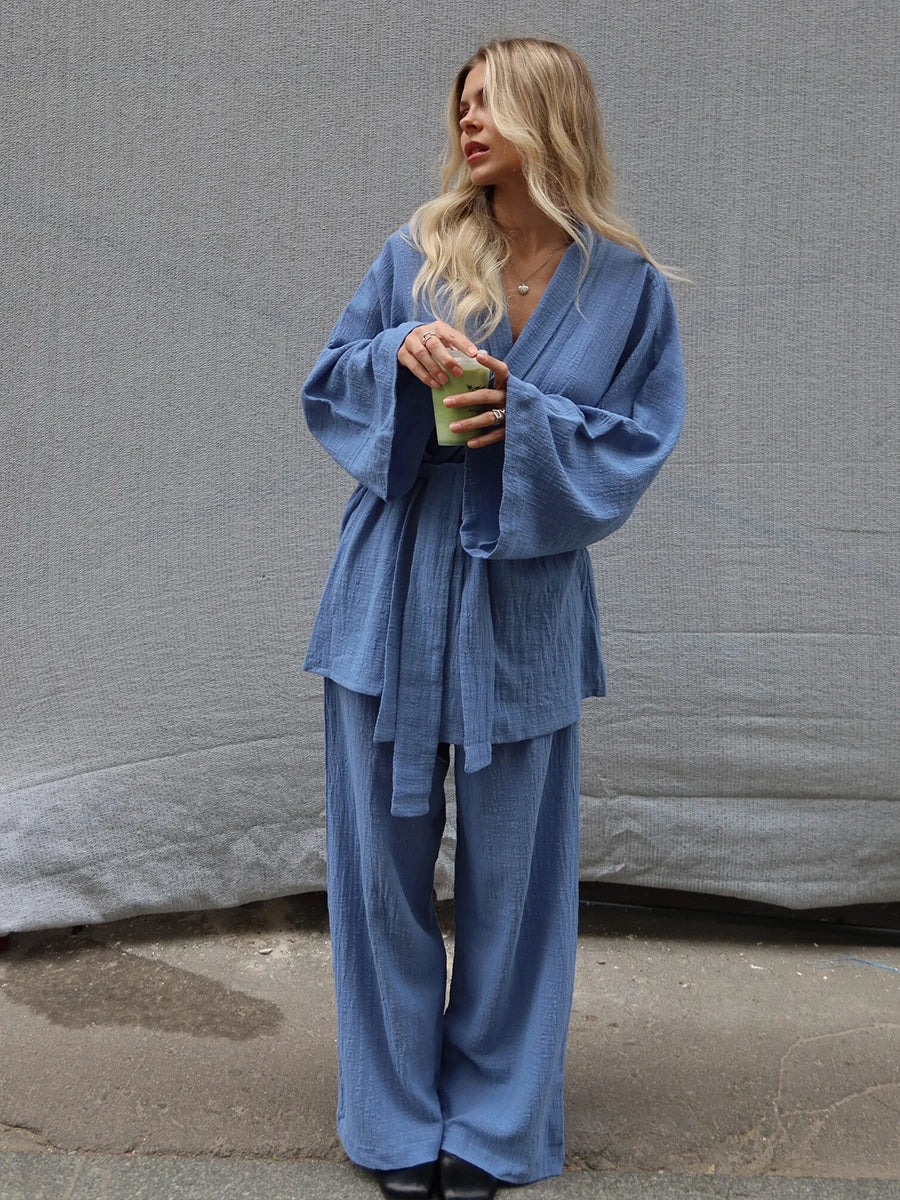 Mozuleva 2025 Autumn New 100% Cotton Women's Blue Lace Up Long Sleeve Pajama Set Loose Pants 2 Piece Leisure Homewear