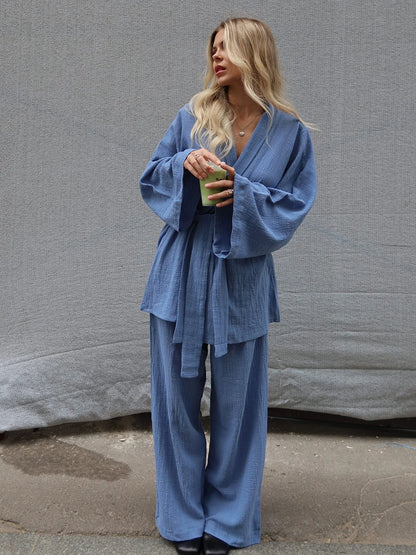 Mozuleva 2025 Autumn New 100% Cotton Women's Blue Lace Up Long Sleeve Pajama Set Loose Pants 2 Piece Leisure Homewear