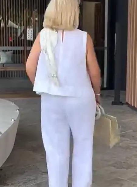 Spring Summer Cotton Linen Solid Color Sleeveless Vest Top Women Pants Suit Casual Pocket Elegant Female Office Retro 2Piece Set