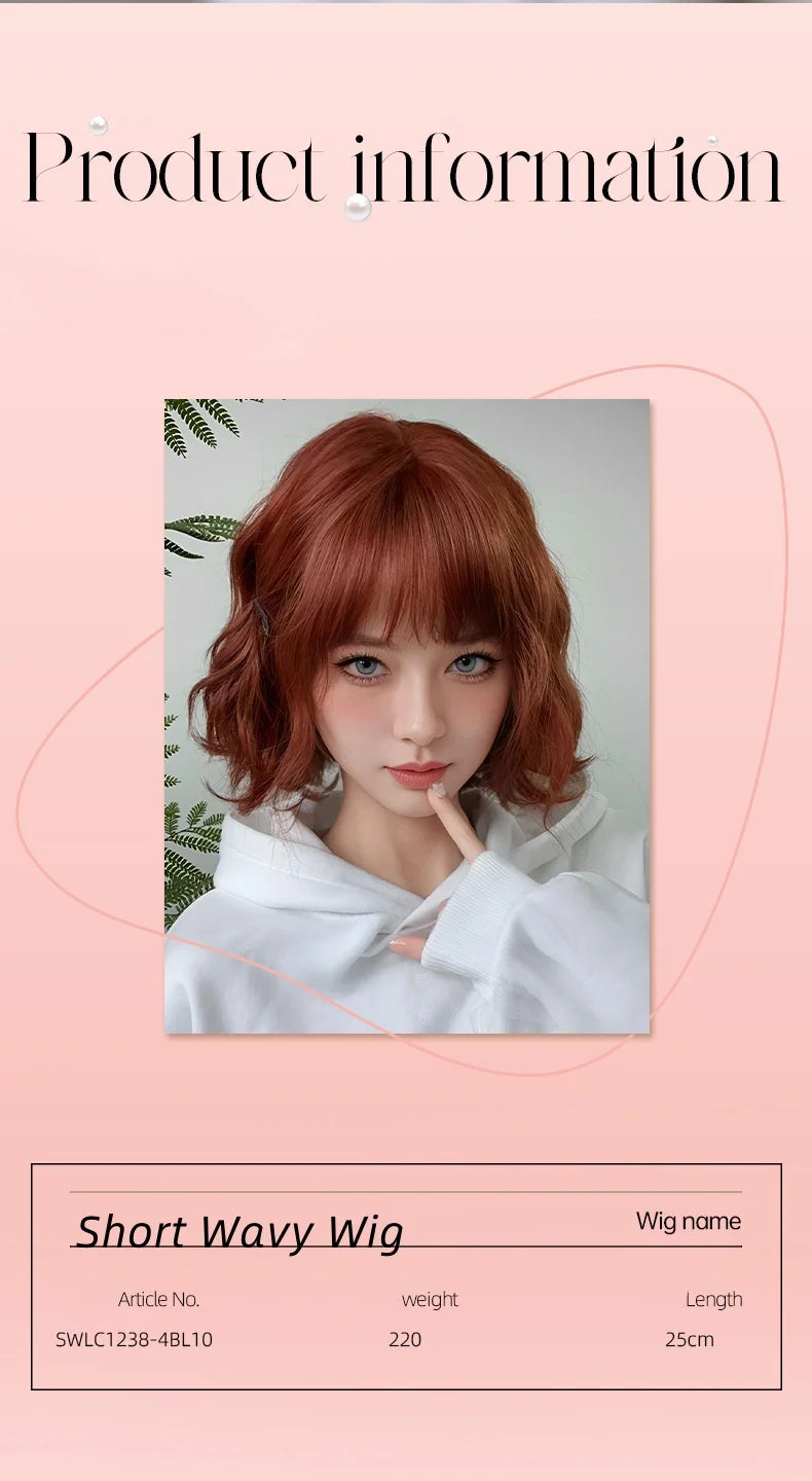 Allbell Magique Short Wavy Wig Bob Curly Wig With Bangs Dirty Orange Lolita Wigs Natural Synthetic Wig For Woman Heat Resistant