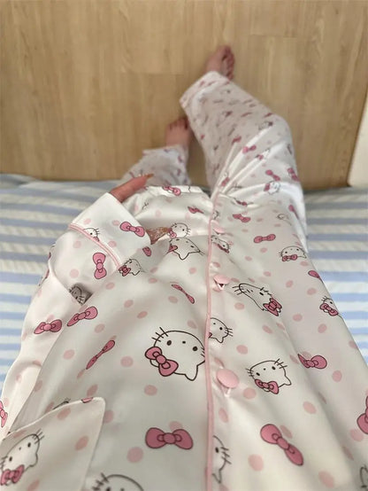 Hello Kitty Women's Sweet Polka Dot Pajama Set - Spring/Fall Long Sleeve & Pants Loungewear, Cute Home & Outdoor Wear