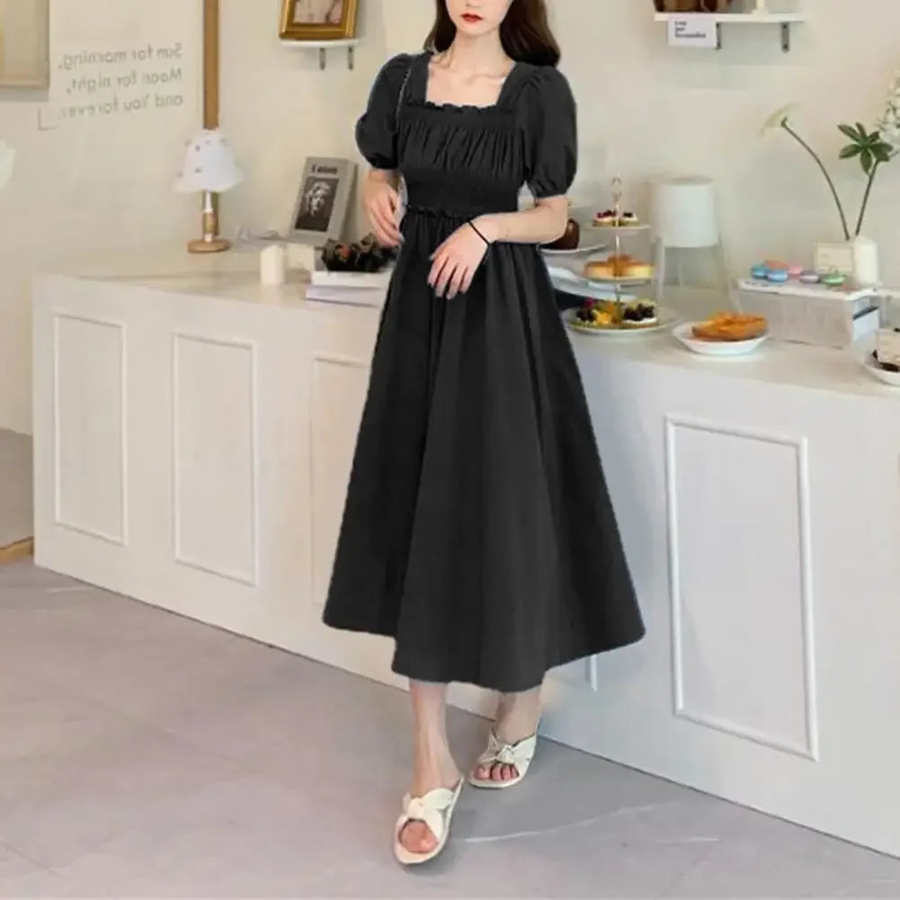 Summer Women Dress Pleated Shirring Square Neck Short Sleeve Bubble Sleeve Ladies Dress Solid Color Loose Hem Midi Dress