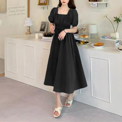 Summer Women Dress Pleated Shirring Square Neck Short Sleeve Bubble Sleeve Ladies Dress Solid Color Loose Hem Midi Dress