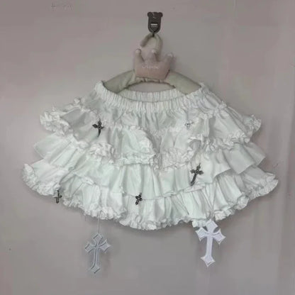 Emo Women Y2K Japanese Goth Elastic Waist Cross Mini Short Skirt High Waist Aesthetic Acubi Ruffle Skirts A-line 2000s Clothes