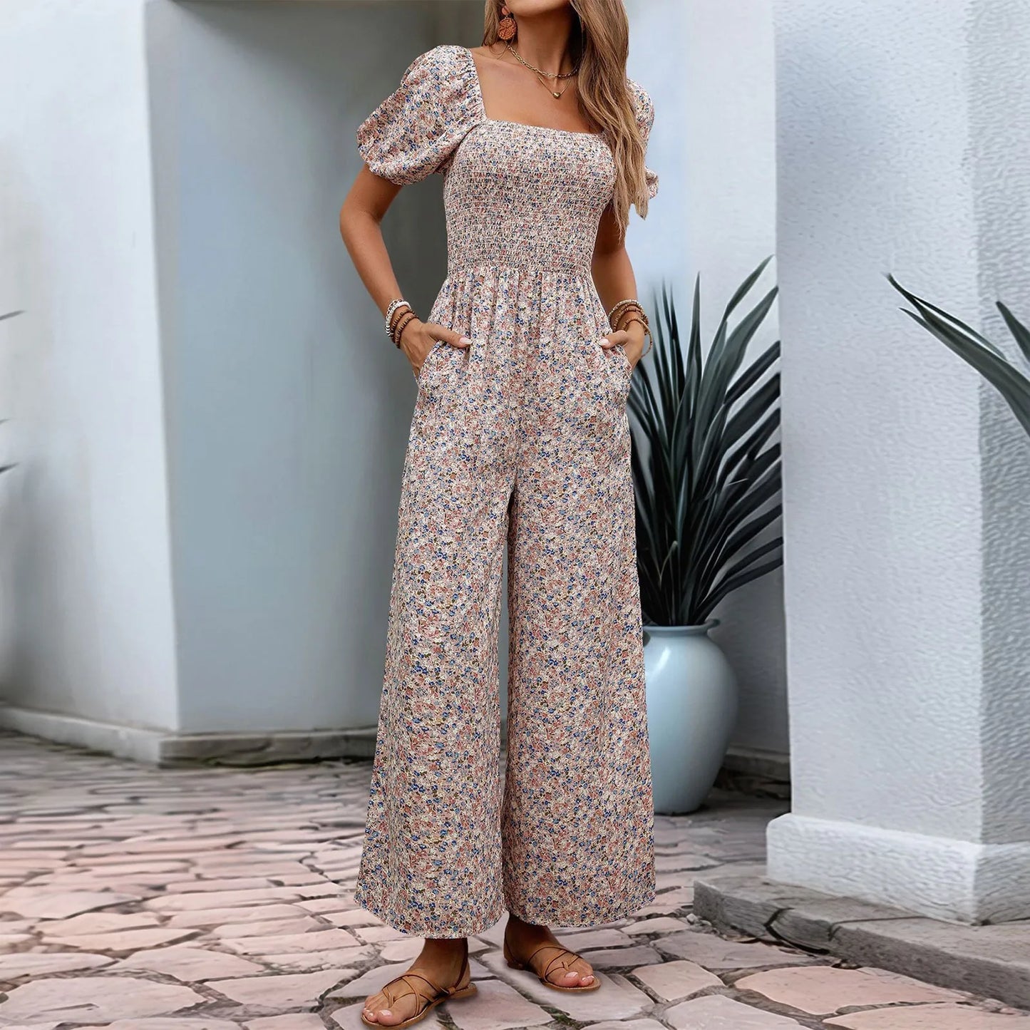 Bohemian Vacation Holiday Jumpsuit Women Pleated Wide Leg Rompers Chiffon Print Ethnic Playsuit Summer Casual Jumpsuits Badiee Stylez