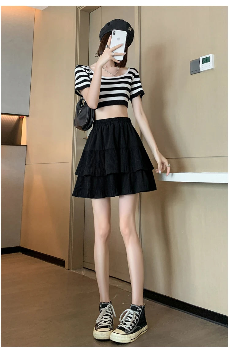 Casual Summer Ball Gown Pleated Skirts Women 2024 Korean Fashion Clothing Faldas Largas High Waist Black White A Line Mini Skirt