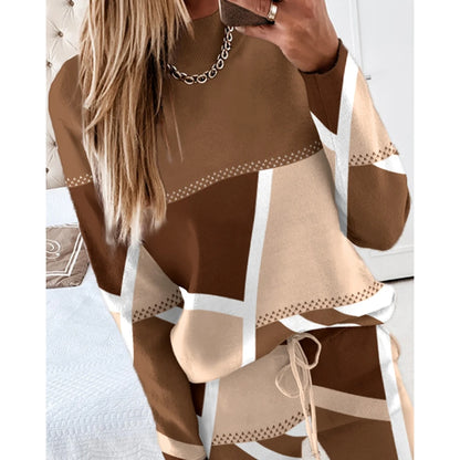 Women Casual Two Piece Sets Fashion Geometric Print O-Neck Long Sleeve Tops and Drawstring Pencil Pants Sets Office Lady Outfits Badiee Stylez