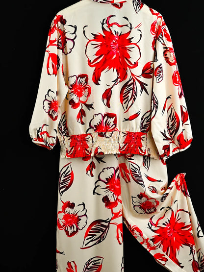 Women's Long Bottom Cross-Neck Suit, Bright Fashion Flower Print Pattern, Waist-cinching Short Top, Plus Size, Spring & Summer