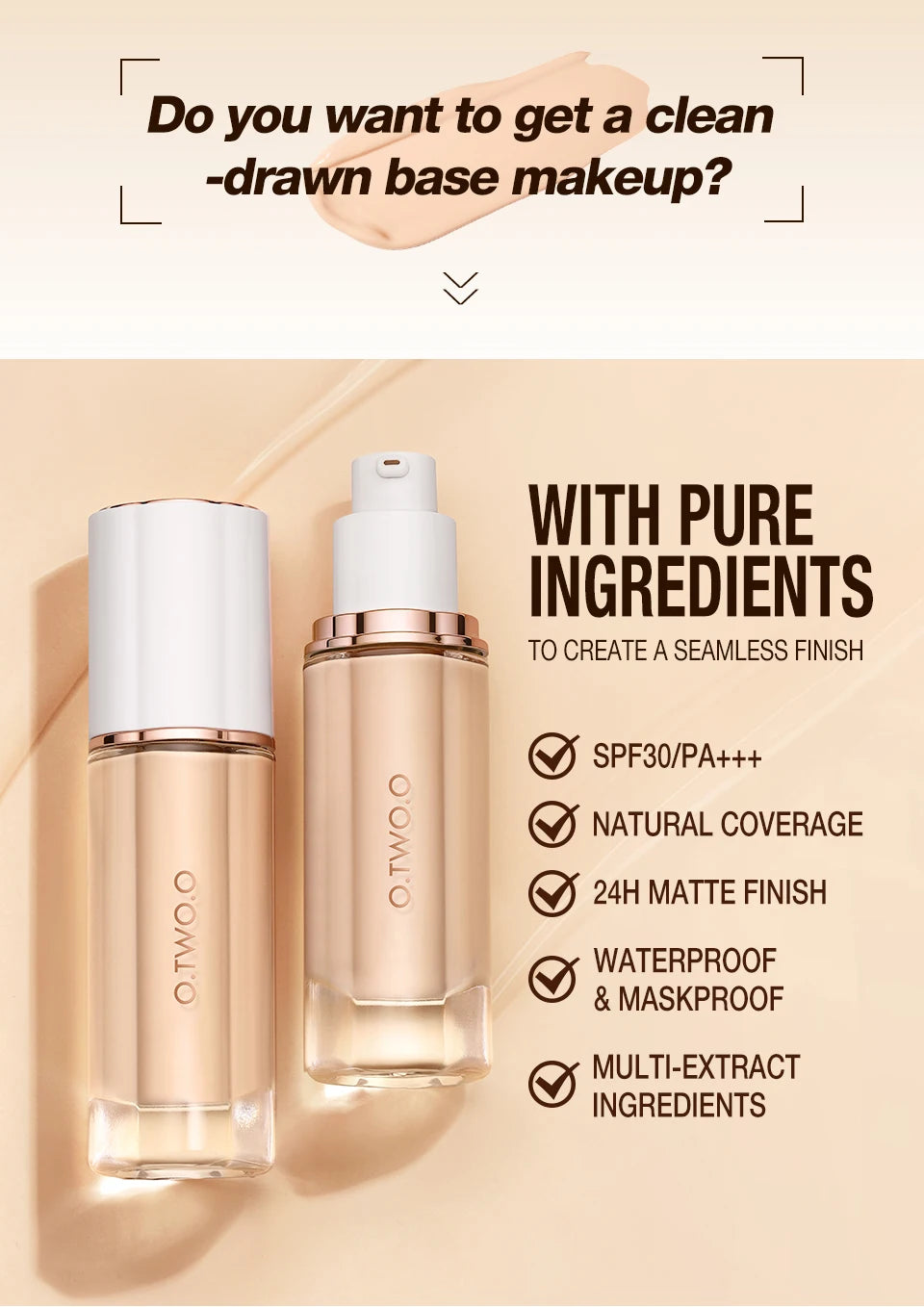 O.TWO.O Liquid Foundation Cream for Face 30ml High Coverage Makeup Base SPF30 Waterproof Concealer Makeup Foundation