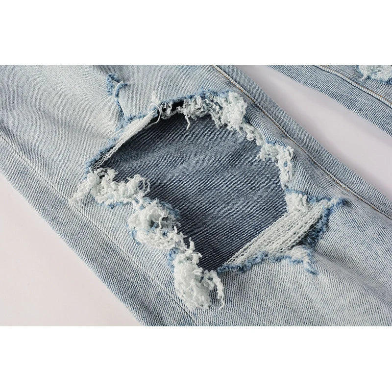 Men's American High Street Fashion Distressed Washed Classical Blue Damaged Holes Stretch Skinny Button Fly Jeans Pants