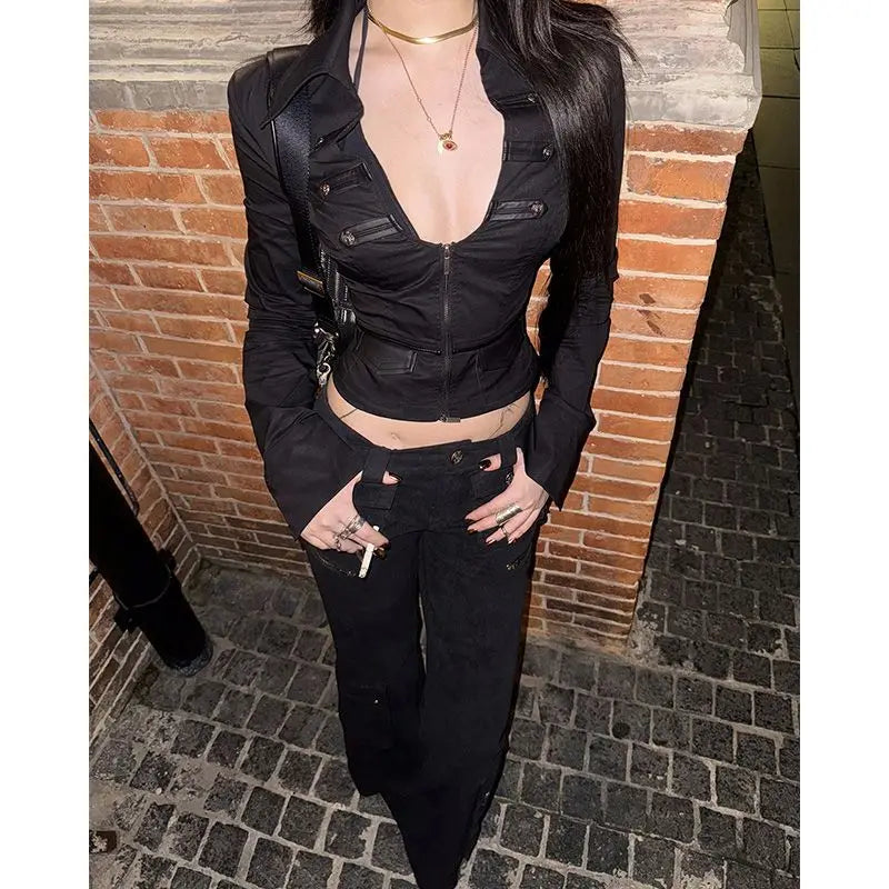 Deeptown Y2k Black Sexy Shirts Women V Neck Coquette Harajuku American Vintage Zip Up Blouse Slim Gyaru Cardigan Streetwear