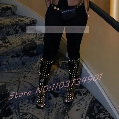 Gold Dome Studs Sandals Women Party Gladiator Open Toe Belt Buckle Zipper Knee High Shoes Female Sexy Black High Heels Sandals