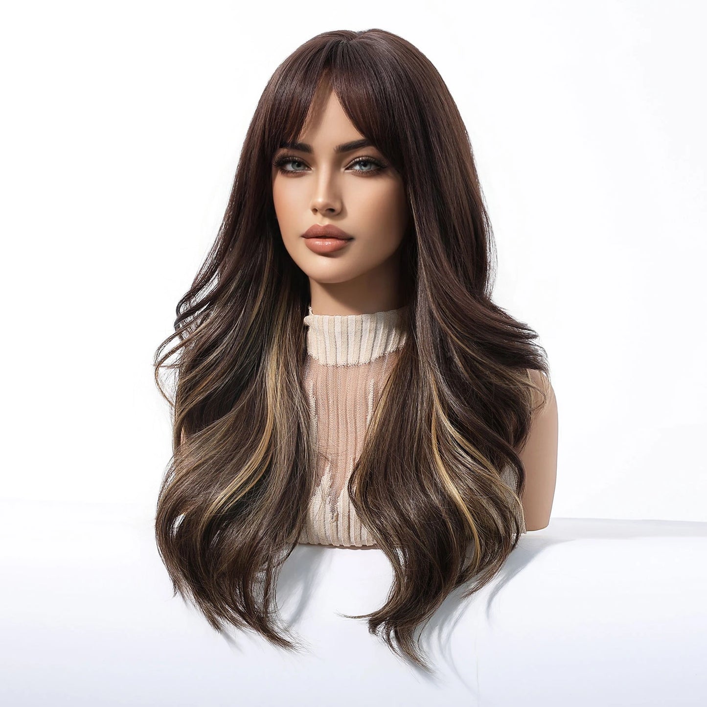 Brown Blonde Highlights Wigs Medium Length Wavy Synthetic Wig With Bangs Natural Body Wave Hair For Women Daily High Temperature