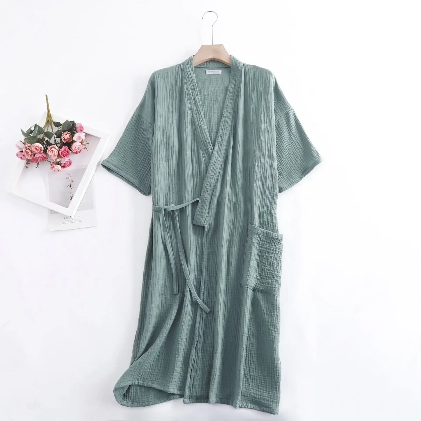 Summer 100% Cotton Gauze Crepe Short Sleeve Robes for Women and Men Solid Bathrobe Loose Soft Japanese-style Kimono Robe 2021