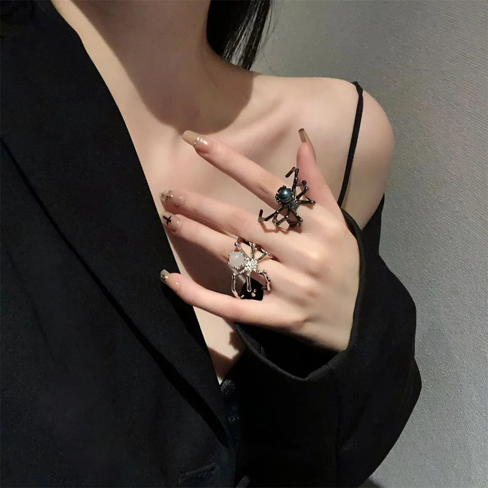 Punk Dark Spider Open Ring Retro Moonstone Black Ring For Women New Gothic Jewelry Dropshipping Wholesale Gift Badiee Stylez