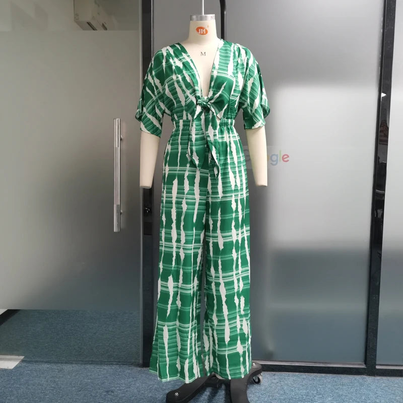 Wefads Women Jumpsuit Dolman Sleeves V Neck Lace Up Nipped Waist Printing Loose Wide Legs Casual Pants Romper High Streetwear Badiee Stylez