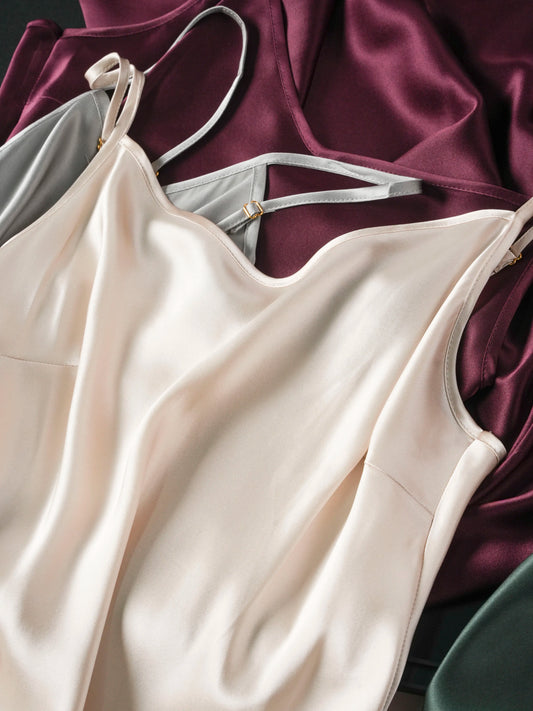 Small Heavyweight 21MM 100% Natural Mulberry Silk Plain Satin French V-neck Diagonal Cut Women's Sexy Solid Suspender Dress Badiee Stylez