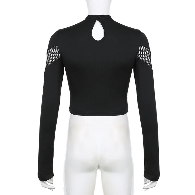 CIBBAR Gothic Black Crop Top Chic See Through Mesh Patchwork Full Sleeve Skinny Basic T-shirt Women Punk Style Stitched T Shirts