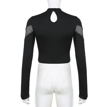 CIBBAR Gothic Black Crop Top Chic See Through Mesh Patchwork Full Sleeve Skinny Basic T-shirt Women Punk Style Stitched T Shirts