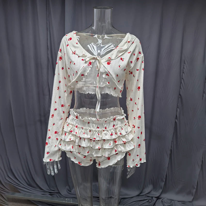 Hiloc Home Ruffles Cute Print Shorts Suits Pajamas For Women Summer Flare Sleeve Wrap Blouse With Elastic Waist Shorts 2 Piece