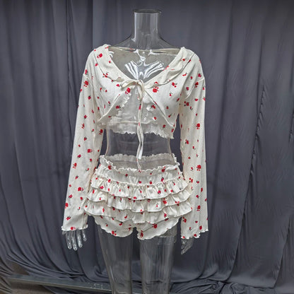 Hiloc Home Ruffles Cute Print Shorts Suits Pajamas For Women Summer Flare Sleeve Wrap Blouse With Elastic Waist Shorts 2 Piece