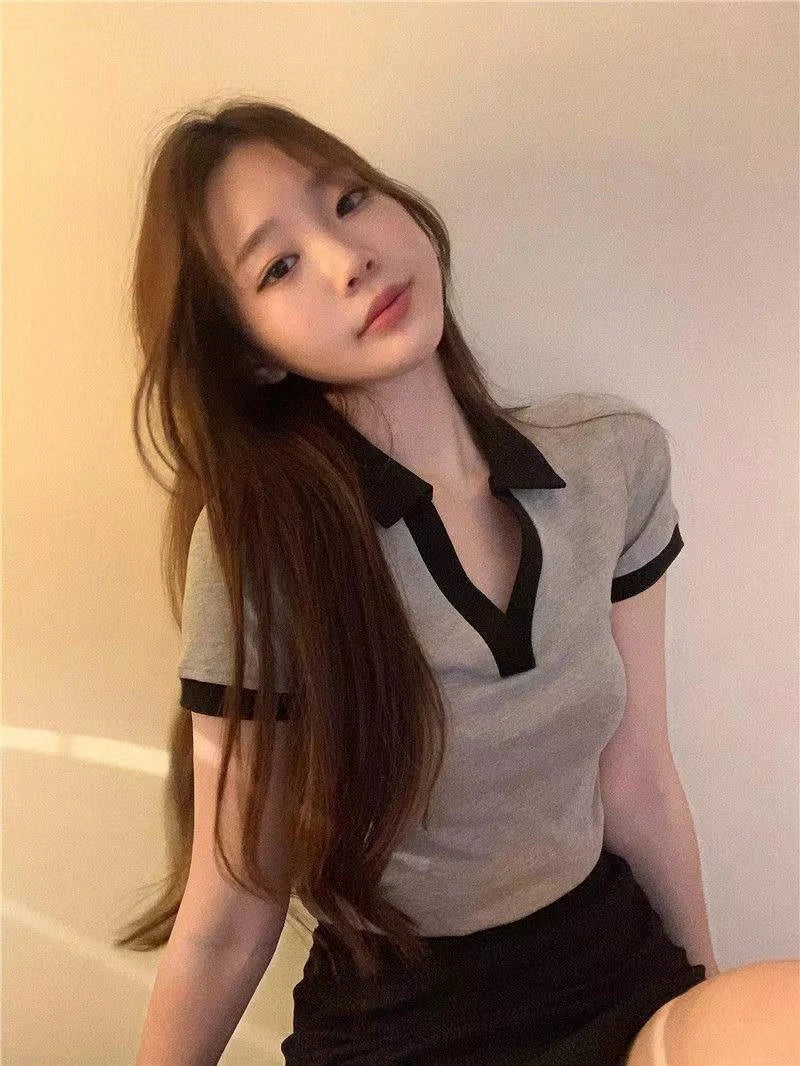 Summer Fashion Y2K T-shirt Woman Patchwork Polo Tee Shirt Femme Sexy OL Clothes Women Short Sleeve V-neck Tshirts Tops