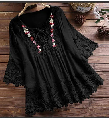 Summer Women Casual Solid Tops Shirt Cotton And Linen Stitching Lace Flower V-neck Loose Top Blouse New Elegant Holiday Shirts black
