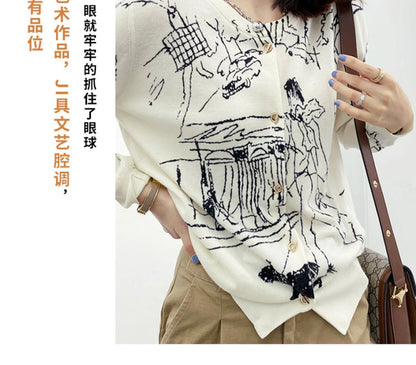 Graffiti Digital Jacquard Fine Imitation Fashion Wool Knitted Cardigan Women's 22 Spring Autumn Thin Loose Jacket Trendy Sweater