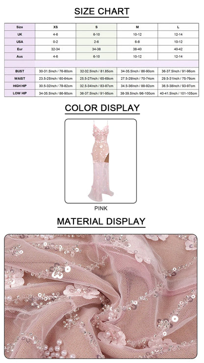 VC Diamond Beaded Spaghetti Strap Long Dress Pearls Sequins Structured Flowers High Split Sheer Mesh Trendy Celebrity Party Gown Badiee Stylez