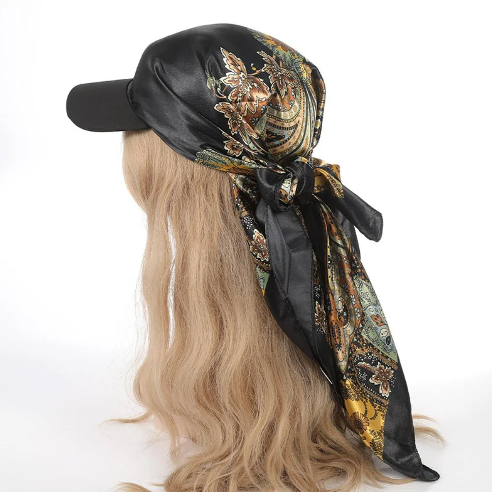 Outdoor Satin Silk Headscarf Hat with Brim 2-in-1 Sun Hat and Headband Elegant Printed Square Scarf Cap Black