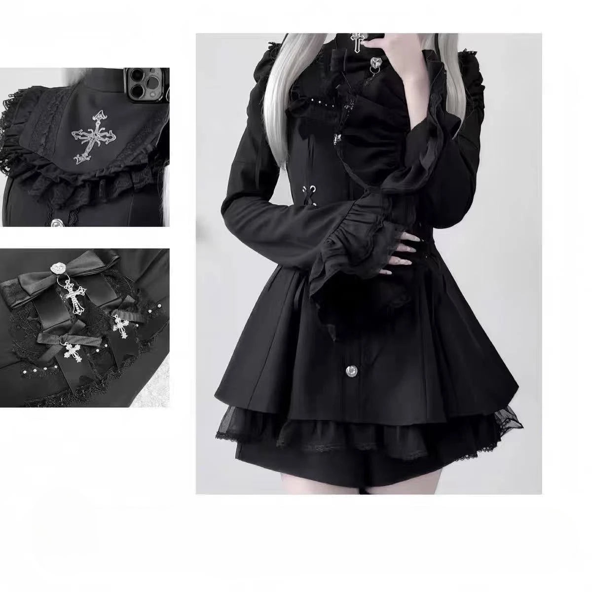 Y2k Aesthetic Lolita Style Bow Dress Shorts Set Japanese Women Gothic Lace Flare Sleeve Button Shirt Dress Punk Party Mini Dress 318 Black