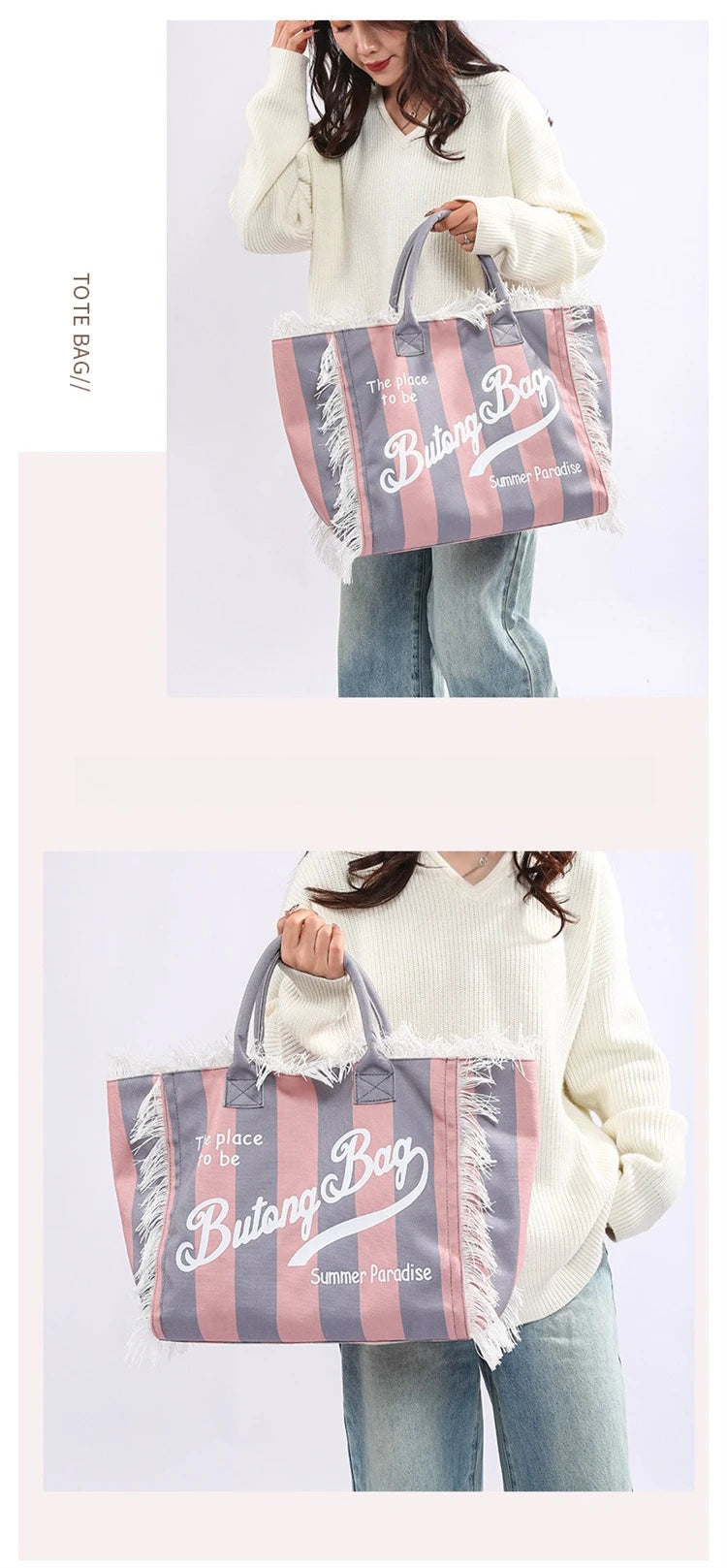 European and American Letters Tassel Canvas Bag Arge Capacity Handbags Travel Women Beach Tote Bag Fashion Casual Shopping Bags