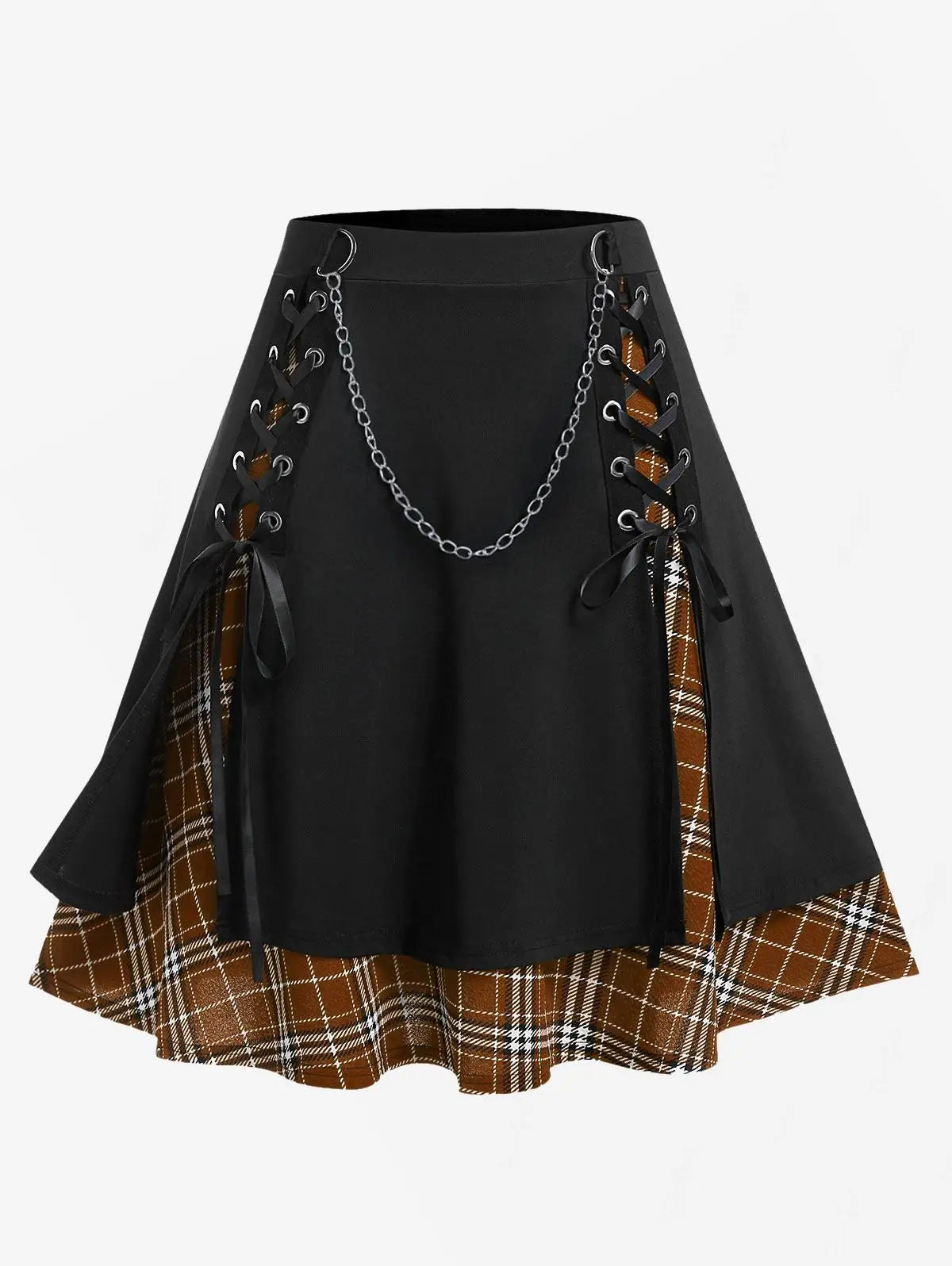 ROSEGAL Plus Size Women's Gothic Skirt Casual Plain Chain Detail High Waisted Stitching Plaid Pleated Layered Lace Up Skirts 5XL Deep Coffee