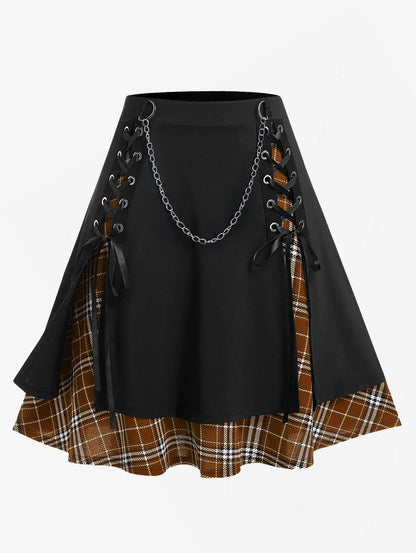 ROSEGAL Plus Size Women's Gothic Skirt Casual Plain Chain Detail High Waisted Stitching Plaid Pleated Layered Lace Up Skirts 5XL Deep Coffee