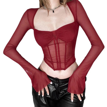 Xingqing Sexy Crop Tops Women Solid Color Sheer See Through Square Neck Long Sleeve Fishbone Corset T Shirts Ladies Clothing As photo shows 1