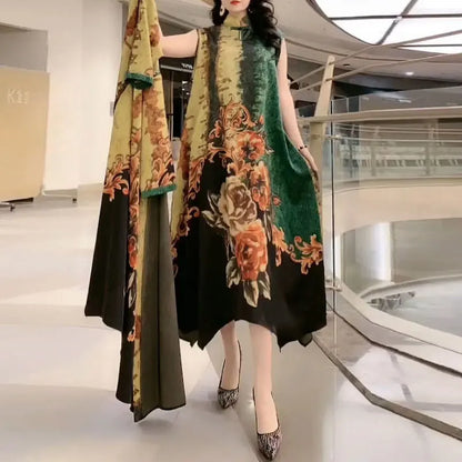 Commute Floral Printed Matching Sets Two Piece Set Casual Round Neck Spring Summer Female Fashion Irregular Hem Long Dress Sets