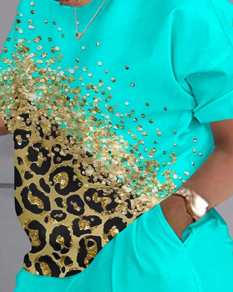 Women's T-shirt+Hot Pants Two Piece Set 2024 Summer Fashion Casual Printing Quick Drying Sports Fitness Top Shorts Female Suit