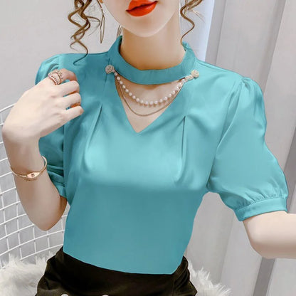 Women Summer Style Blouses Shirts Lady Fashion Casual Puff Short Sleeve O-Neck Solid Pearl Blouses Tops WY0227 Blue