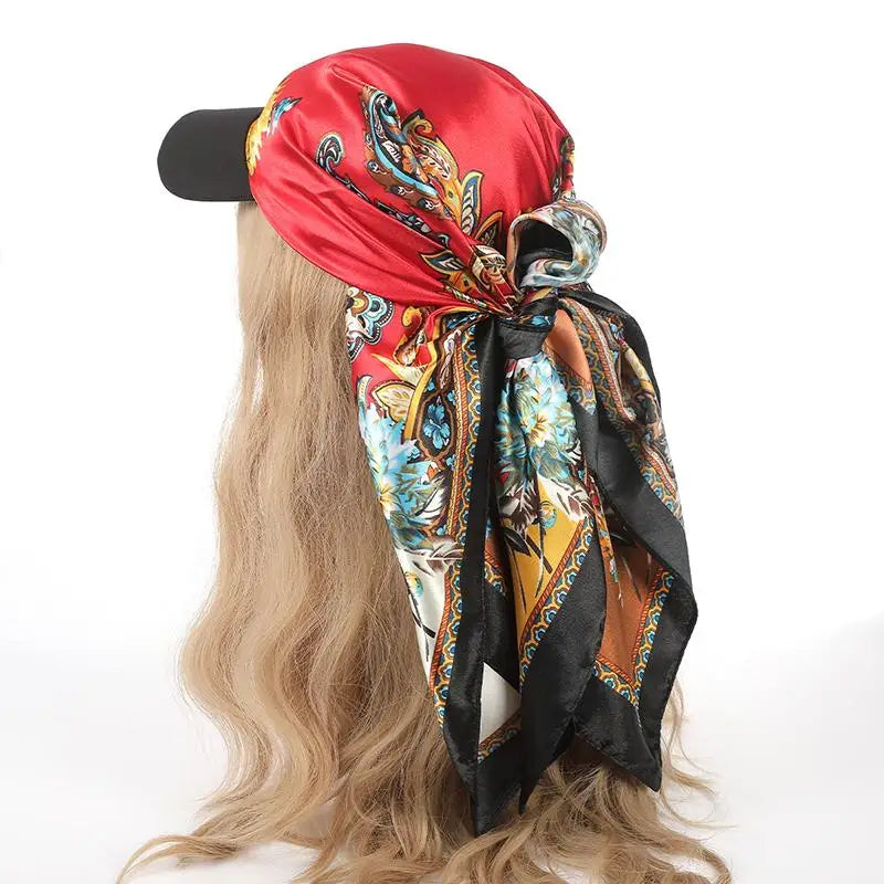 Outdoor Satin Silk Headscarf Hat with Brim 2-in-1 Sun Hat and Headband Elegant Printed Square Scarf Cap