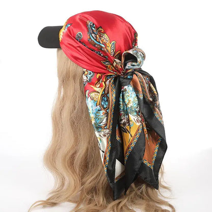 Outdoor Satin Silk Headscarf Hat with Brim 2-in-1 Sun Hat and Headband Elegant Printed Square Scarf Cap