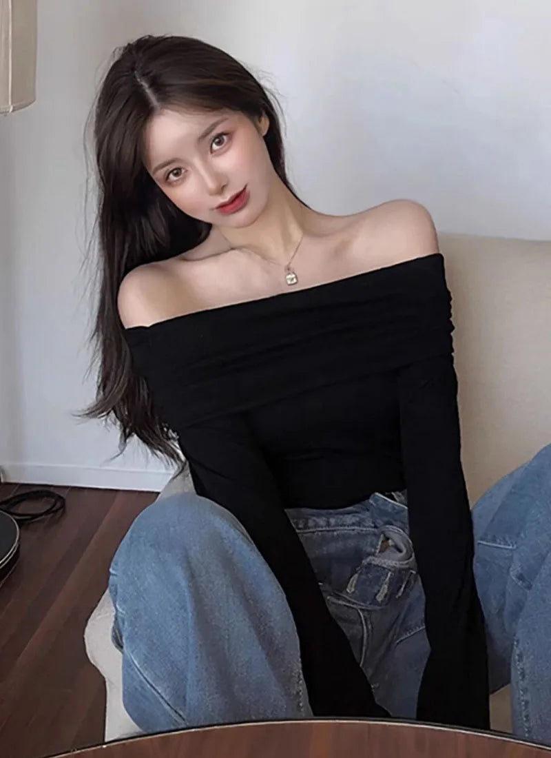 Xpqbb Vintage Slash Neck Pullover Women Korean Fashion Slim Long Sleeve Short Blouses Ladies Sexy Off Shoulder Club Party Tops