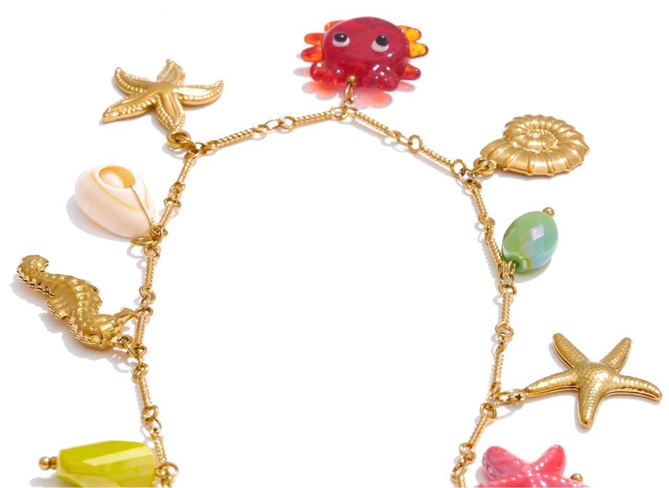 Yhpup Ocean Style Summer Fashion Jewelry Crab Starfish Shell Pendant Necklace Stainless Steel Golden Charm Pendant Accessories