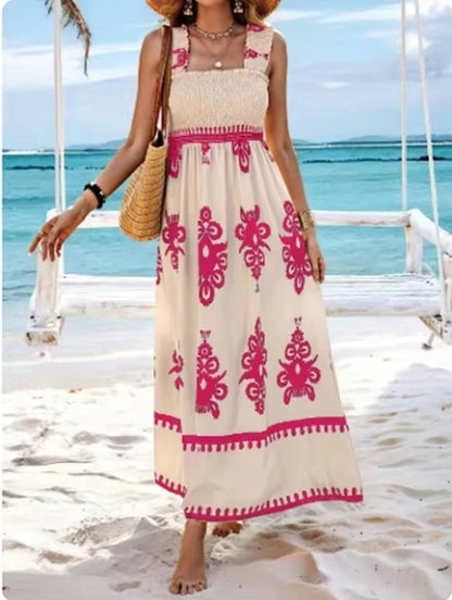 Summer Sleeveless Square Collar Printed Dress Women Suspender High Waist A Line Dresses Beach Vacation Robe