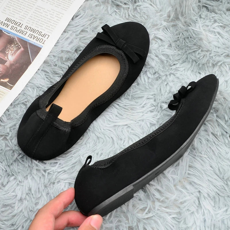 Ballet shoes with bows embellished, flat for commuting casual, soft and foldable soles