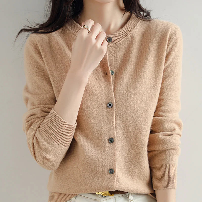 Knitted Cardigan Women's Sweater Autumn And Winter 2022 New Solid Color Coat Round Neck Short Long Sleeve Loose Korean Fashion Yellow Camel Color CHINA