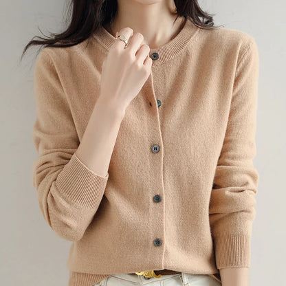 Knitted Cardigan Women's Sweater Autumn And Winter 2022 New Solid Color Coat Round Neck Short Long Sleeve Loose Korean Fashion Yellow Camel Color CHINA
