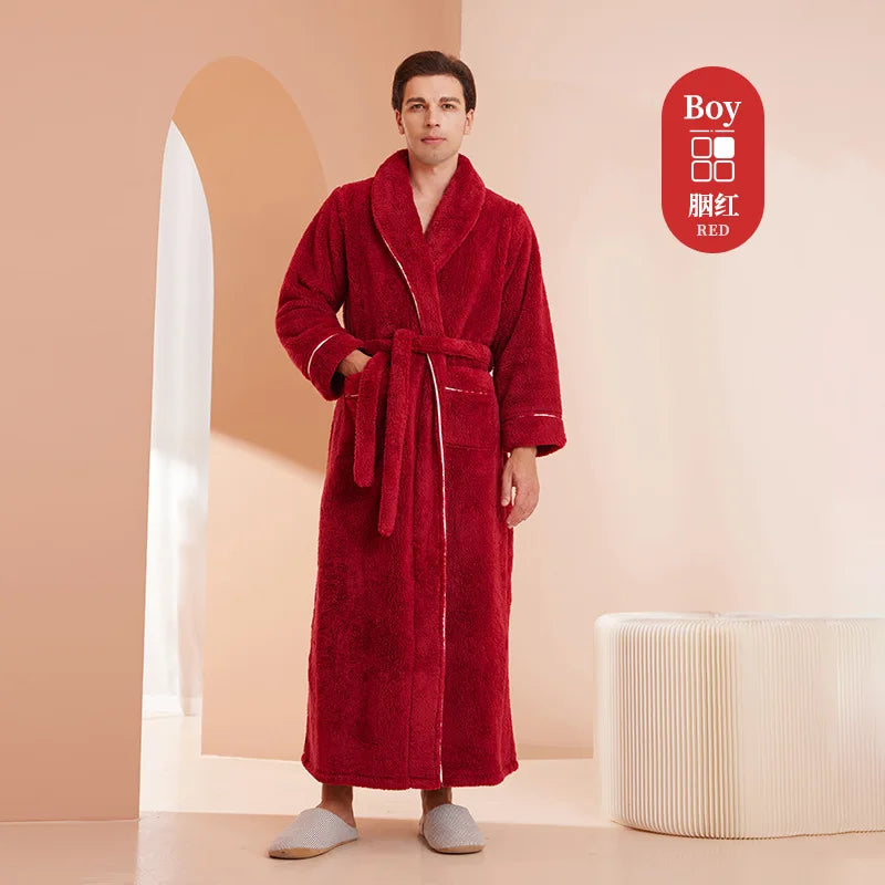 Men's Winter Bathrobe Long Sleeve Warm Turn Down Collar Man Fluffy Bath Robe With Sashes Solid Fleece Dressing Gown For Male Carmine male