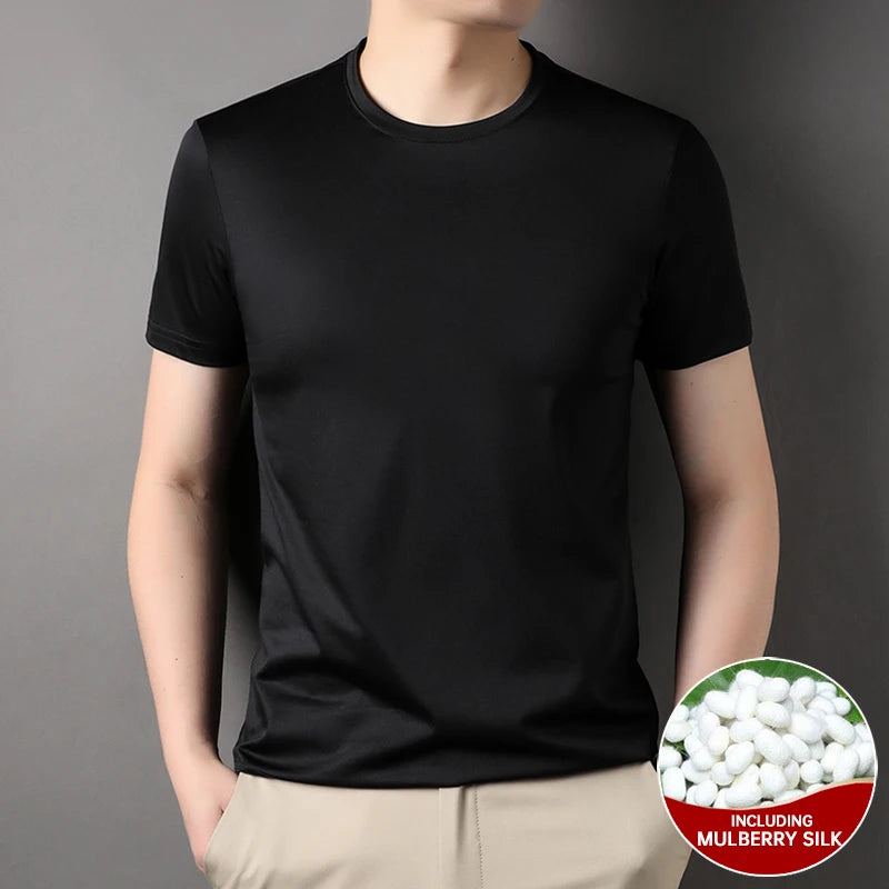 Top Grade 1.7% Mulberry Silk New Brand Tops Round Neck t Shirts For Men 2025 Summer Short Sleeve Casual Fashion Mens Clothing black