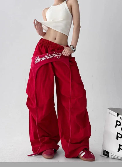 Korean Y2K Cargo Pants Women Streetwear Letter Print Baggy Sweatpants Gyaru Harajuku Wide Leg Joggers Summer Casual Trousers Badiee Stylez