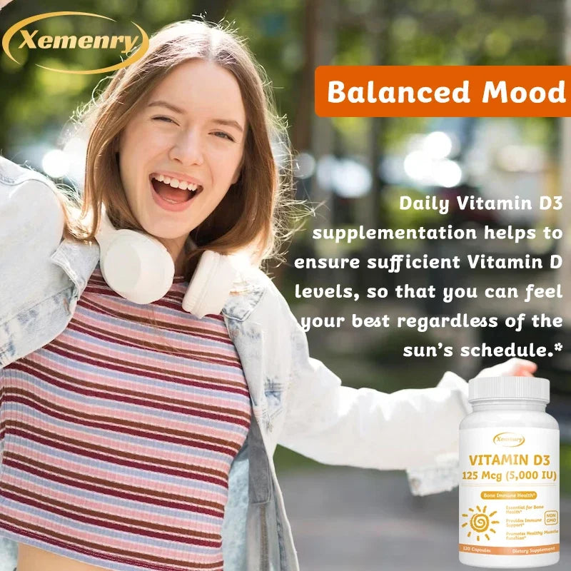 Vitamin D3 5000IU Capsules - Helps Support Muscle and Nerve Health, Bone Health, Immunity and Sleep Quality, Anti-inflammatory